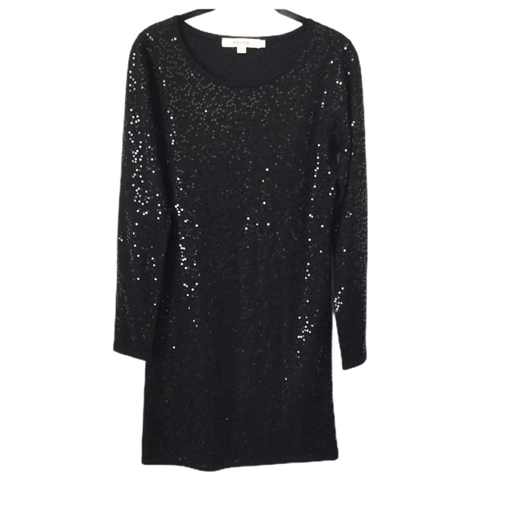 REISS Black Knit Sequin Long Sleeve Dress Medium